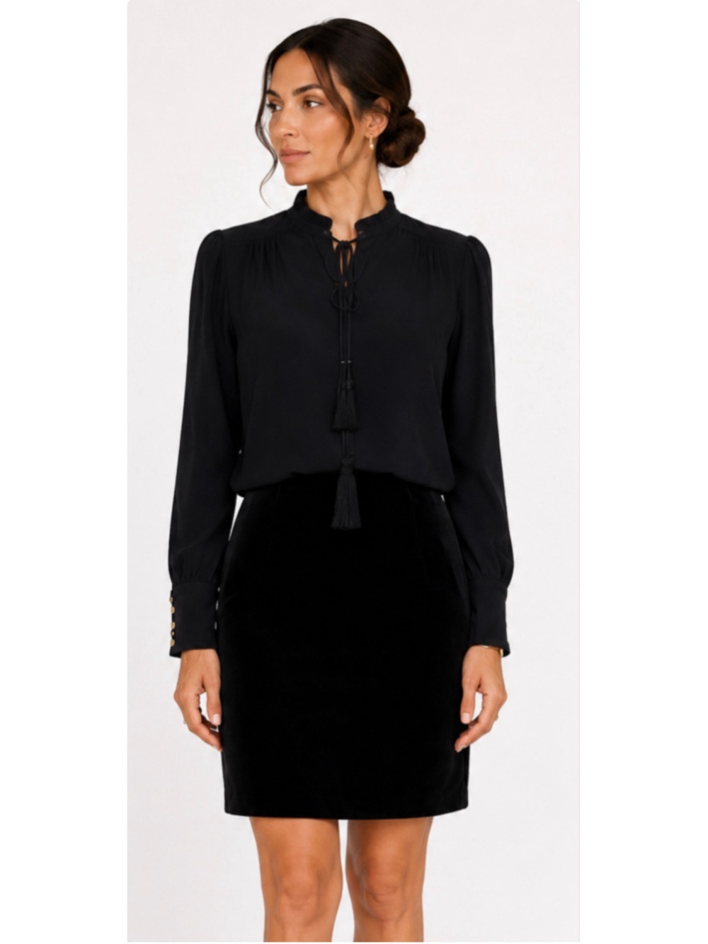 Gucci Black Long Sleeve Blouse with Tassel Detail, Size 42/6 New Chic